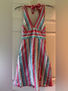 Girls Halter Stripe One-Piece Dress - Pink & Aqua